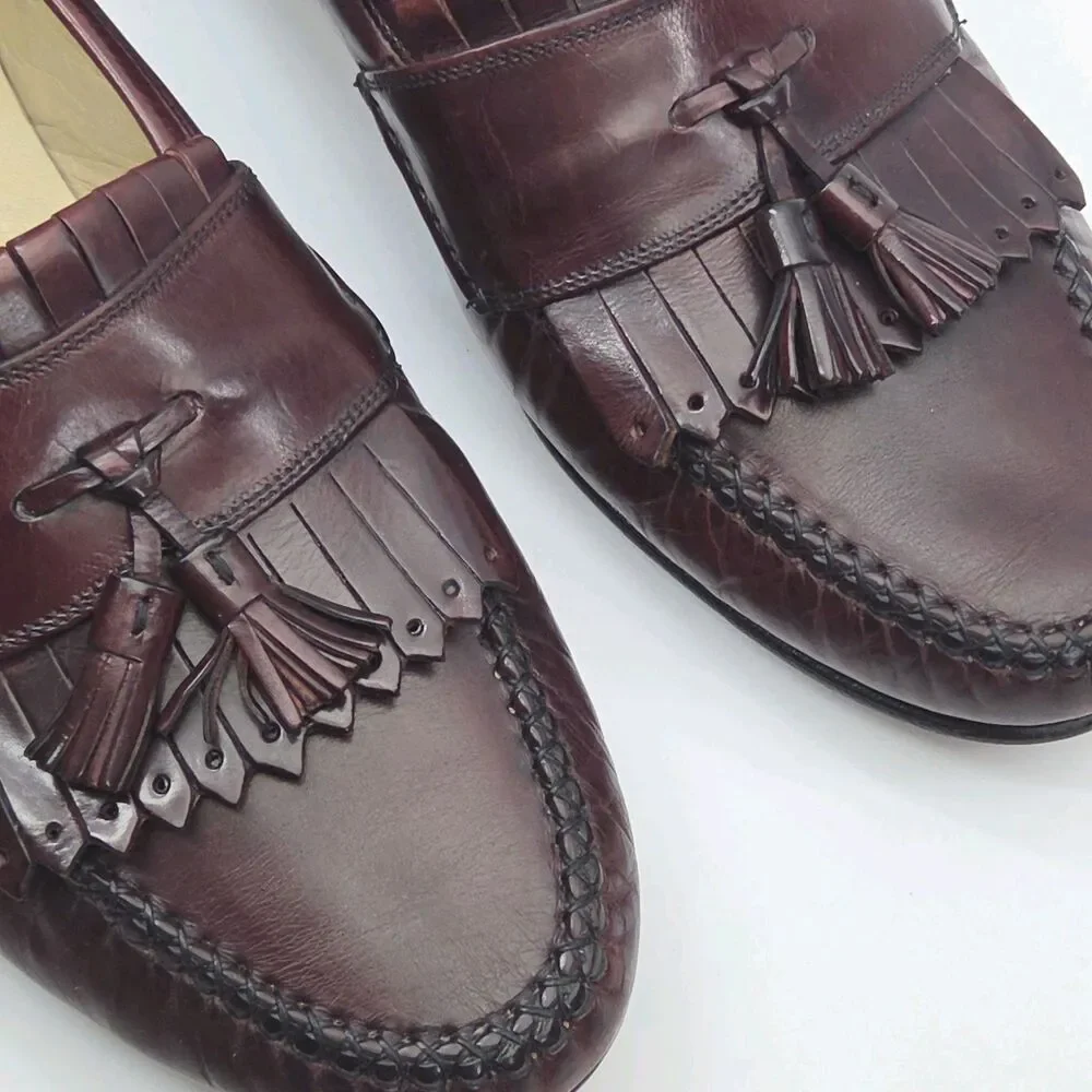 Johnston & Murphy Loafer Shoe Burgundy Leather Men Sz 11.5 Kiltie Tassel Italy